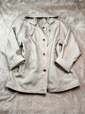 VINTAGE Beige Oversized Button and Zipper Hooded Lightweight Fall Jacket - Sz M